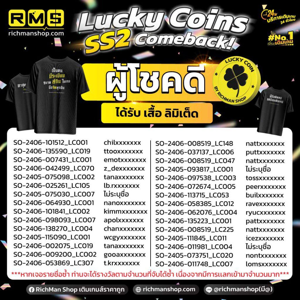 Lucky Coins SS2 "comeback!"
เสื้อเกมเมอร์ ปากแซ่บ รุ่น Limited Edition คละ 3แบบ